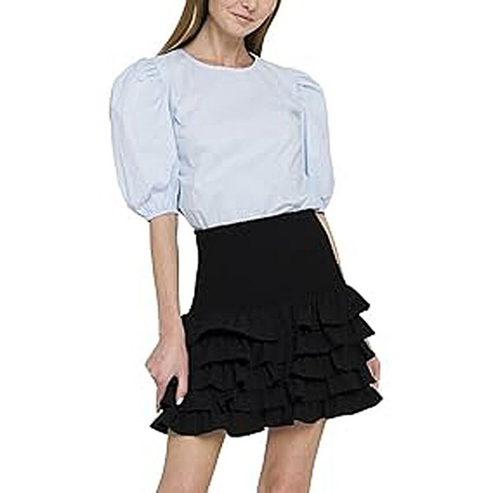 NWT  English Factory Women's 100% Cotton Poplin Puffed Sleeve Top, ight blue, M